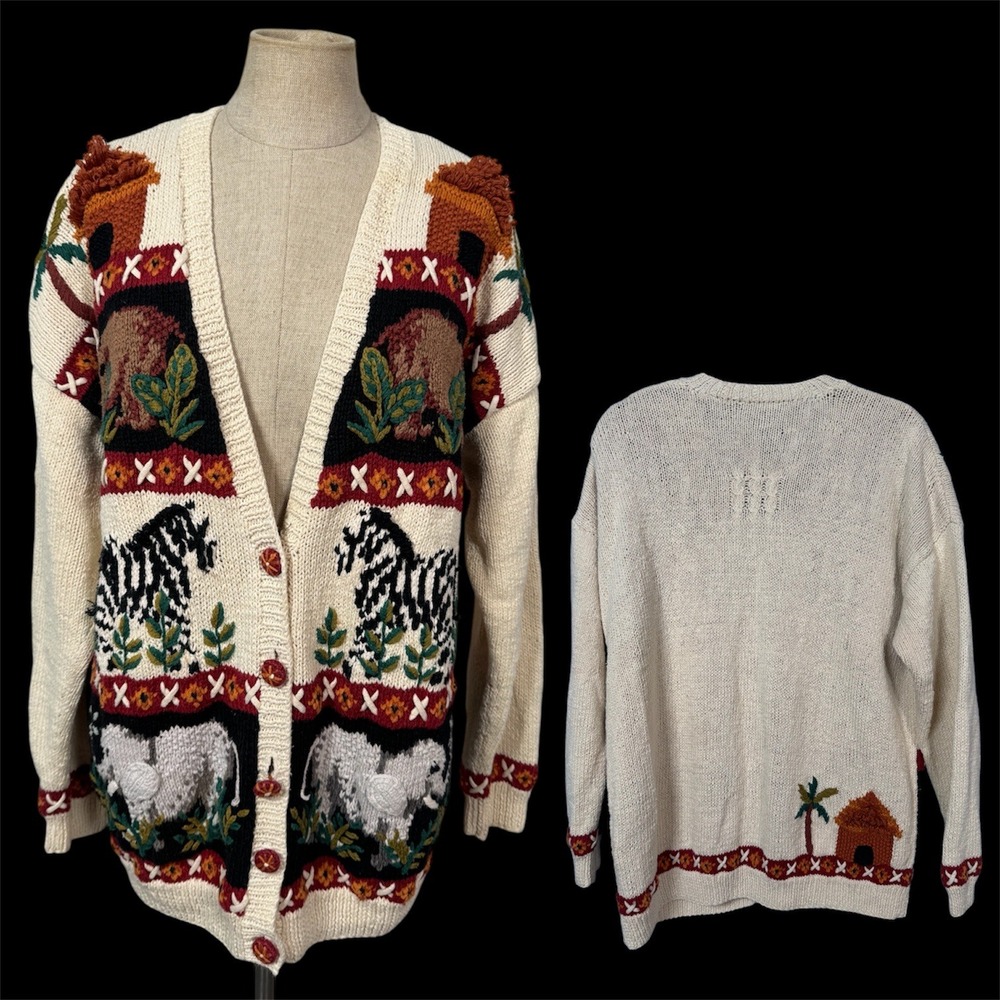 VTG Marisa Christina Women L Ivory Handknit Cardigan Sweater Safari Animal Zebra